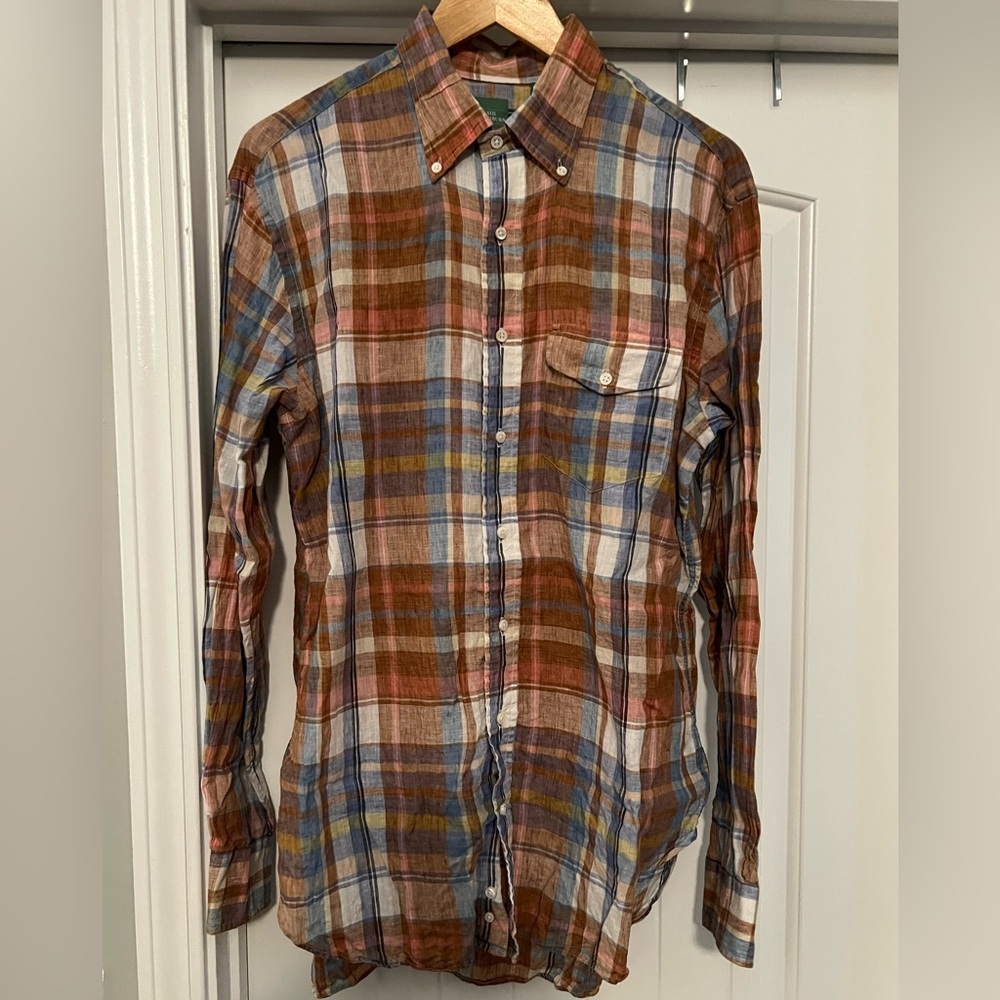 EUC Sid Mashburn long sleeve button down linen orange/blue check Large